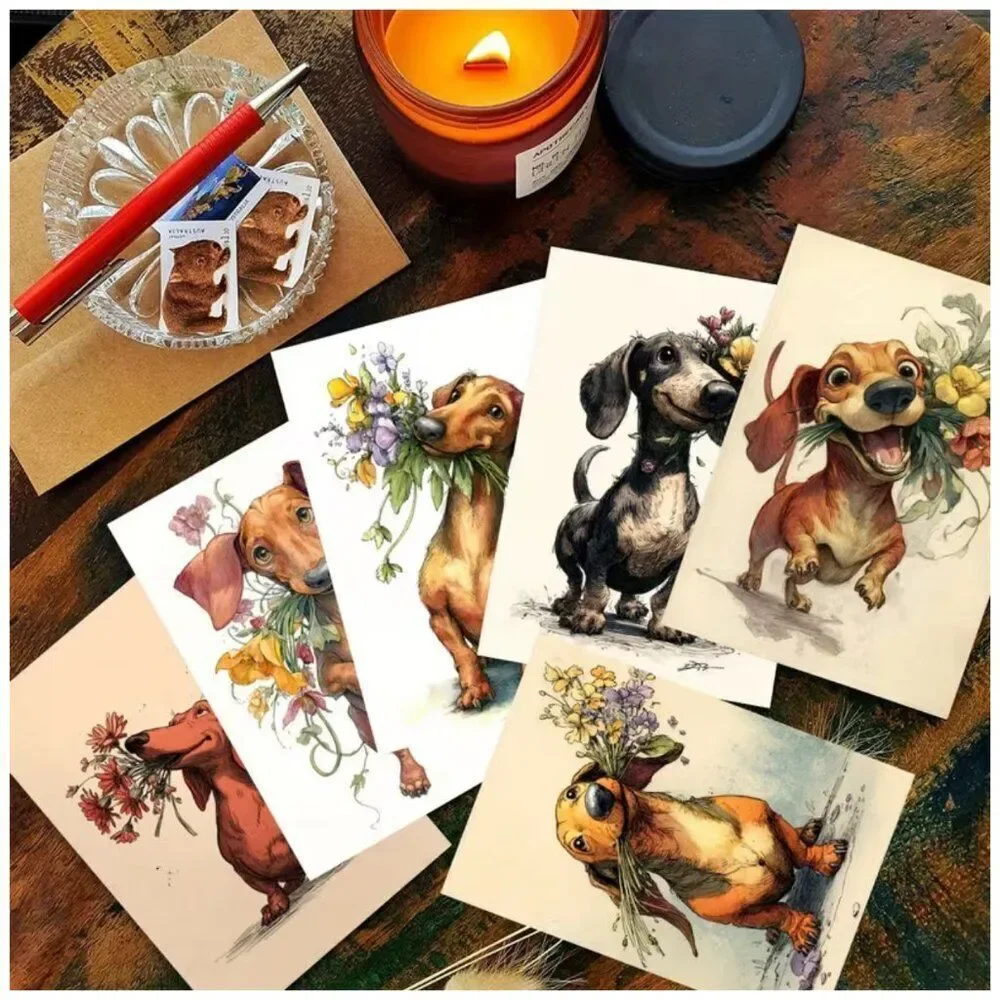 NWT Dachshund Puppy Flower Bouquet Greeting Cards Set 12 Pk 3.5x5 Envelopes Cute